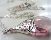 Swarovski LIGHT ROSE Necklace Swarovski Crystal Pendant. Antique Silver Victorian Filigree Drop Pendant Pink Crystal Necklace