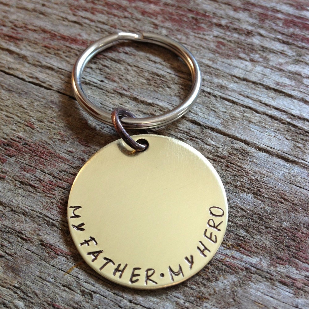 Dad Keychain, Key Chain that Reads My Father, My Hero in Brass, Copper, or Nickel Silver for Father's Day