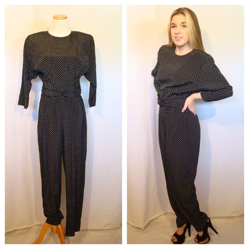 Vintage Jumpsuit Black and White Polka Dots 1980s