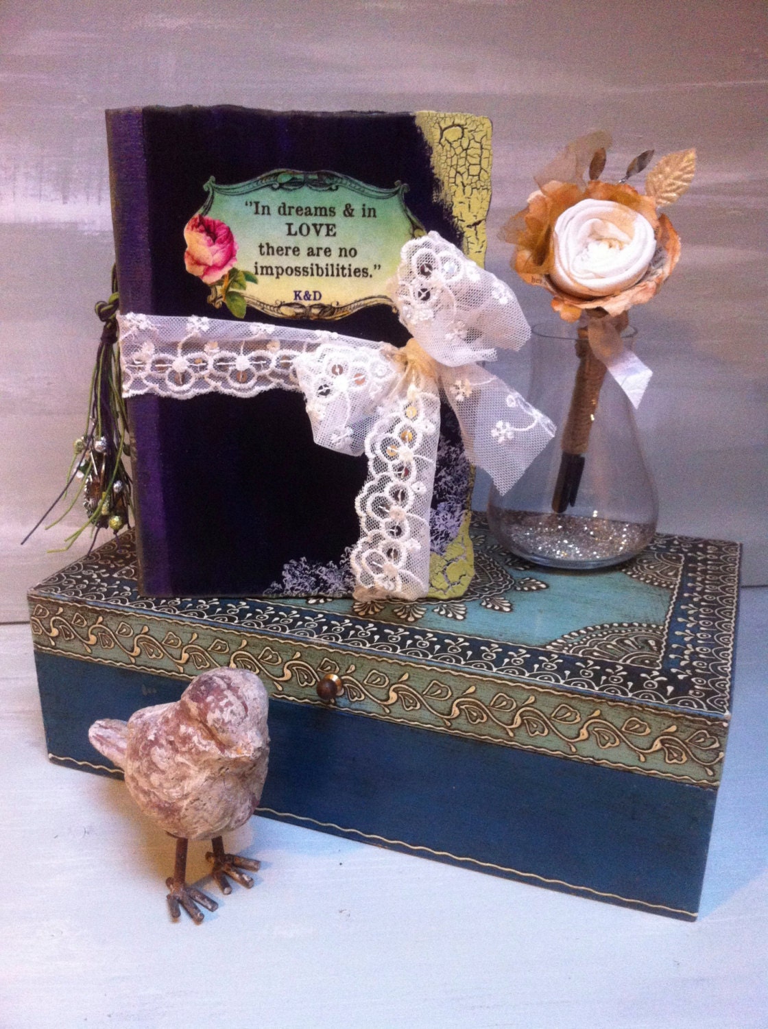 Alice In Wonderland theme Wedding Scrapbook Guest Book & Photo Album With Detachable Boutonniere Pen