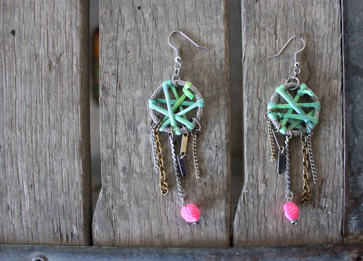 SALE: Dream Catcher Earrings- GREEN Colored Silk Cord- pink vintage bead