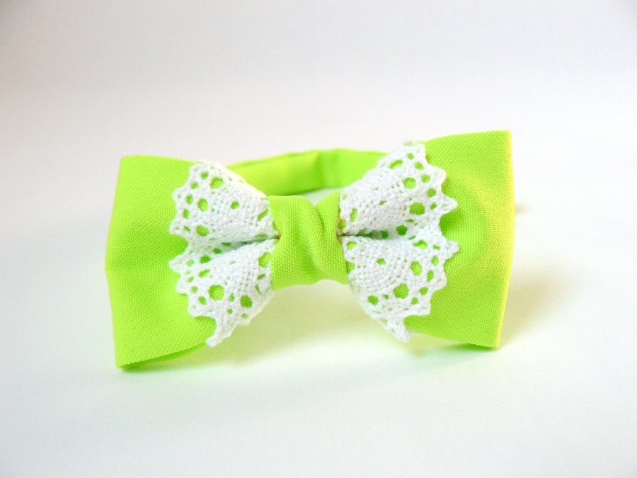 Women's bow tie lace chic fashionable trendy ladies girl - neon lime green bow tie cotton white lace