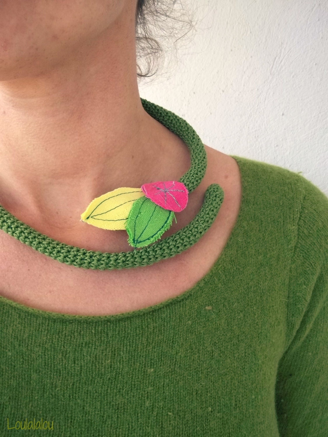 Crochet fiber art necklace or bracelet -flexible necklace - crochet jewelry in green with flower
