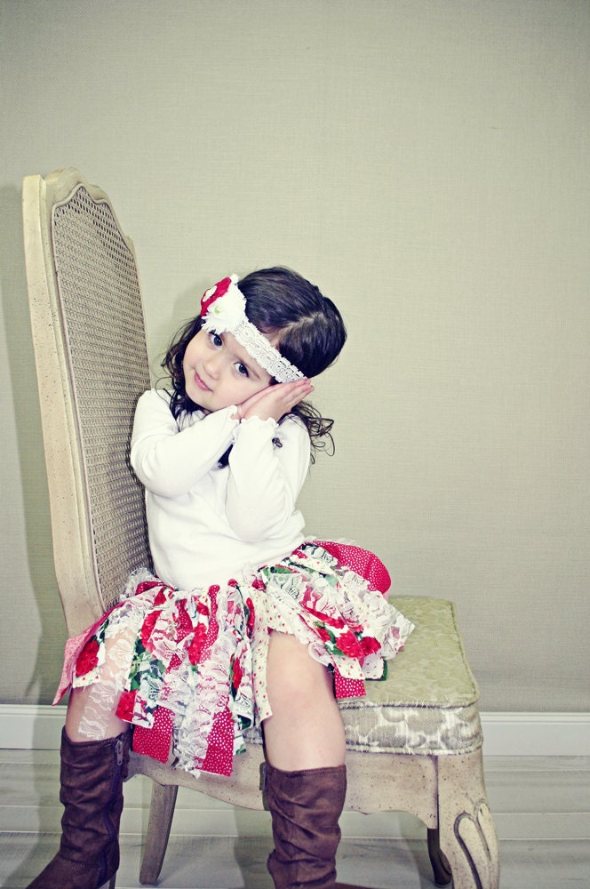 Red Rose Vintage Inspired Scrappy Fabric Tutu and Bow Headband Set for Newborn, Infant, Baby Girl, Toddler, Child