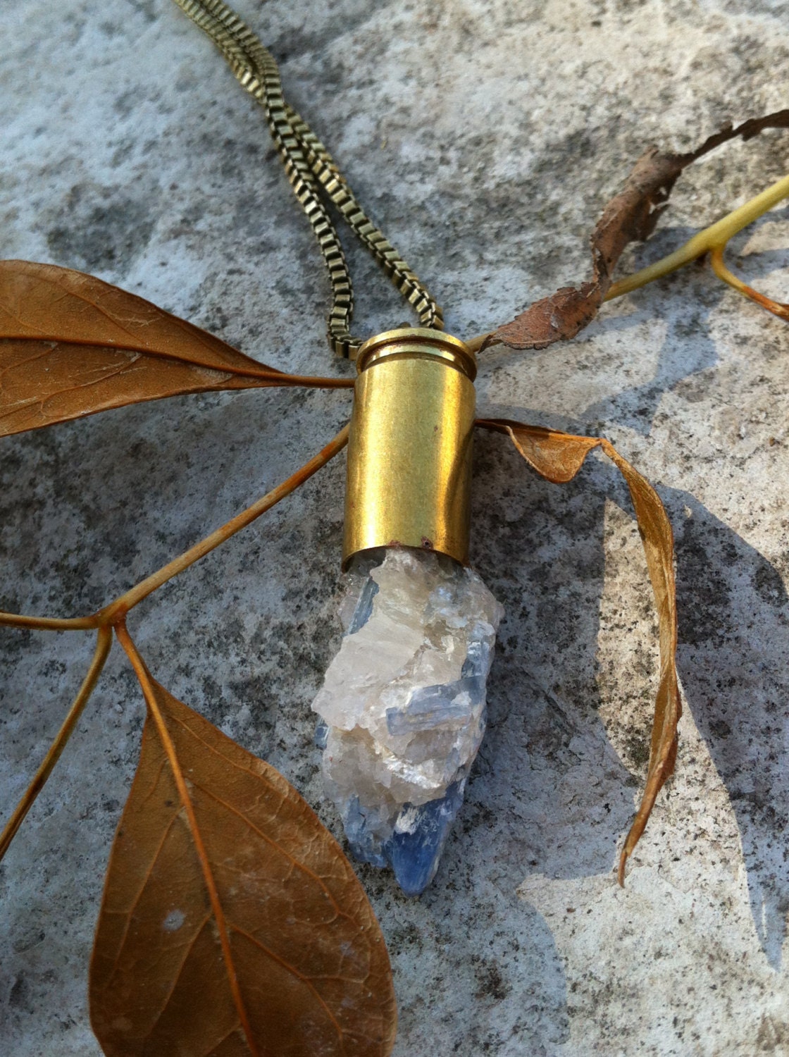 Brass Bullet With Blue Crystal rough Kyanite stone Necklace