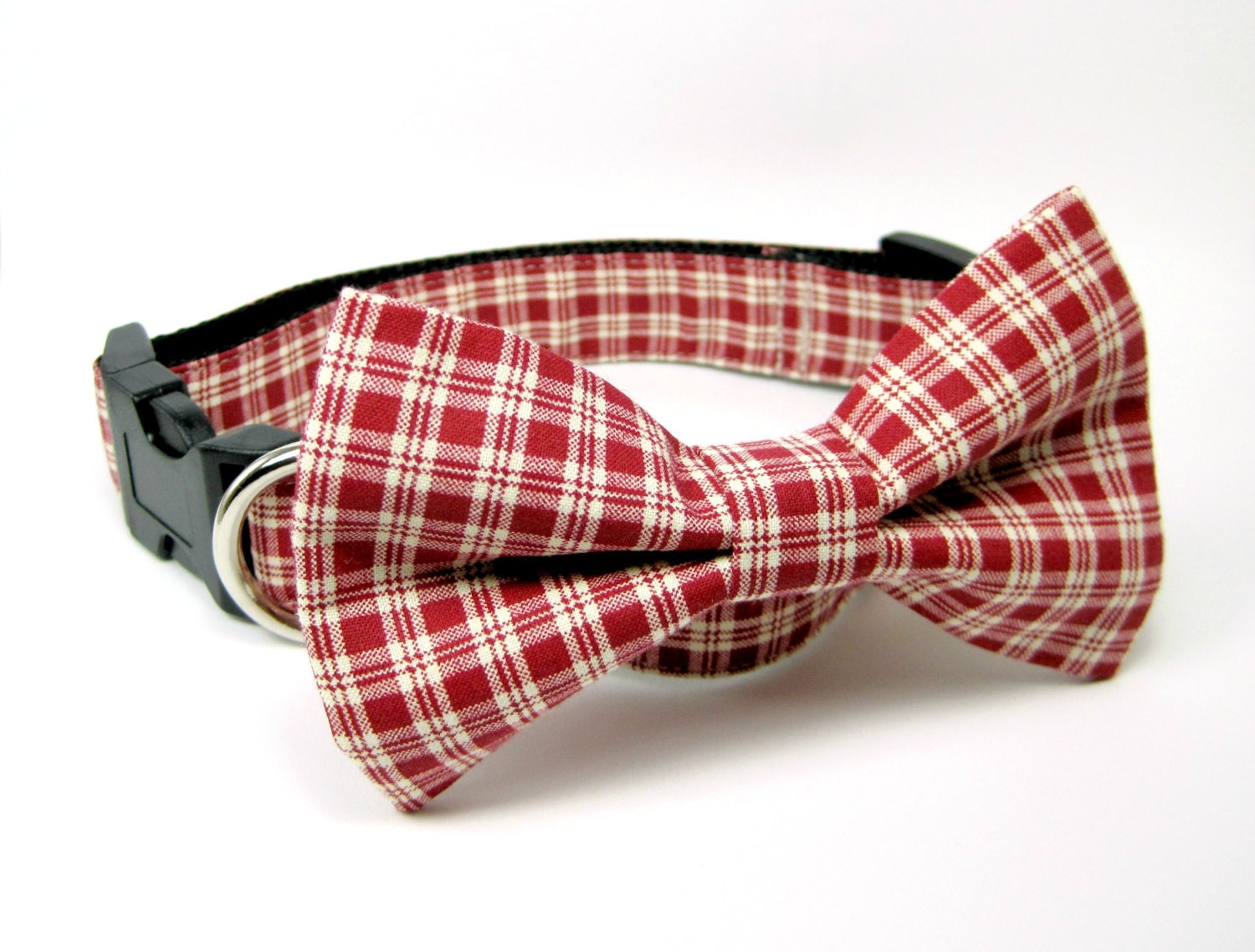 Red/Tan Plaid Dog Collars with bow tie set  (Mini,X-Small,Small,Medium ,Large or X-Large Size)- Adjustable