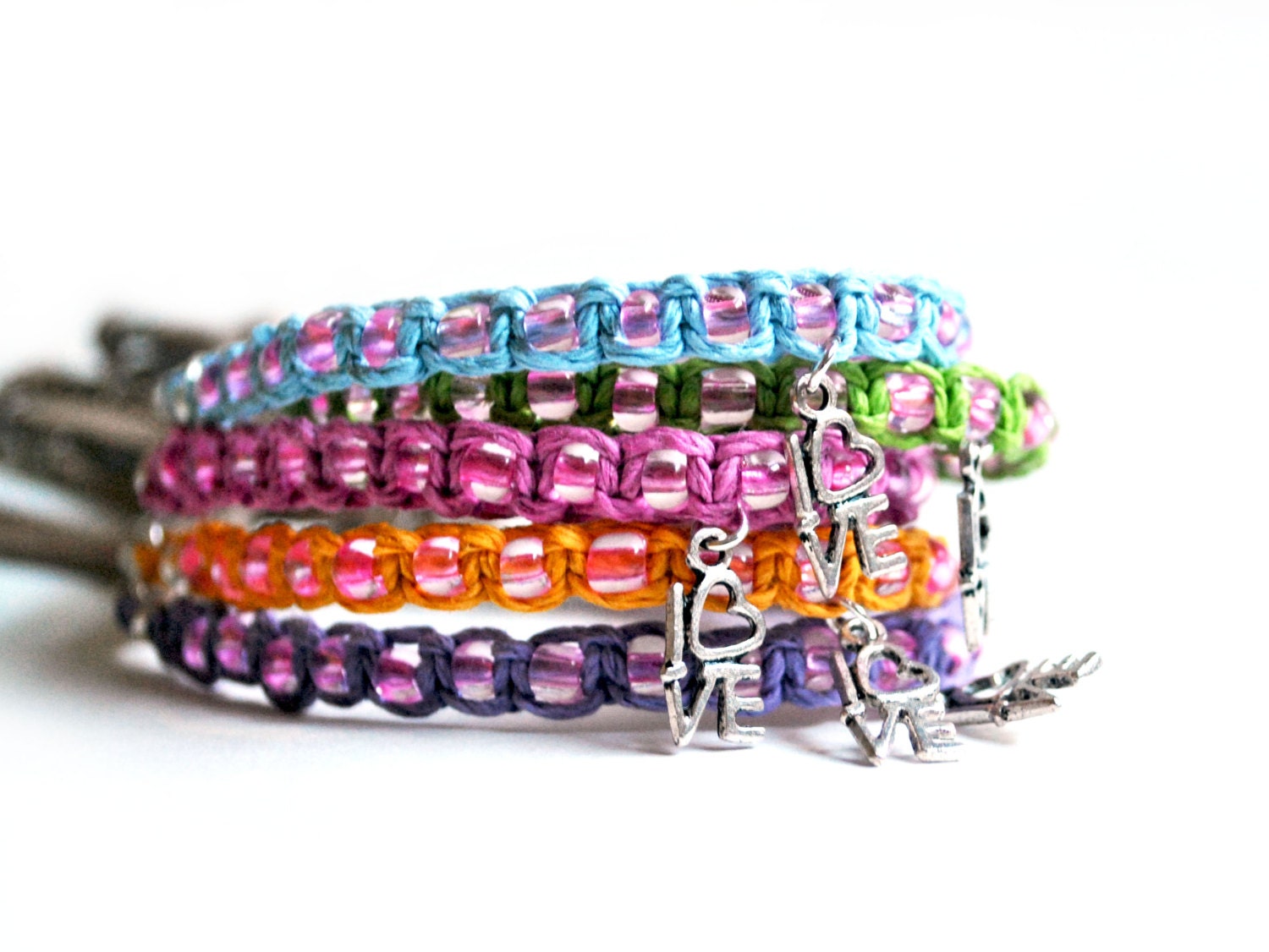 Woven Hemp Cord and Glass Beads with LOVE Charm Bracelet