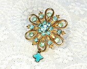 Vintage Flower Brooch / Pin, Gold Tone Starburst, Blue Rhinestones, Enamel Cross Charm, 1950s 1960s Mad Men, Easter Religious Jewelry