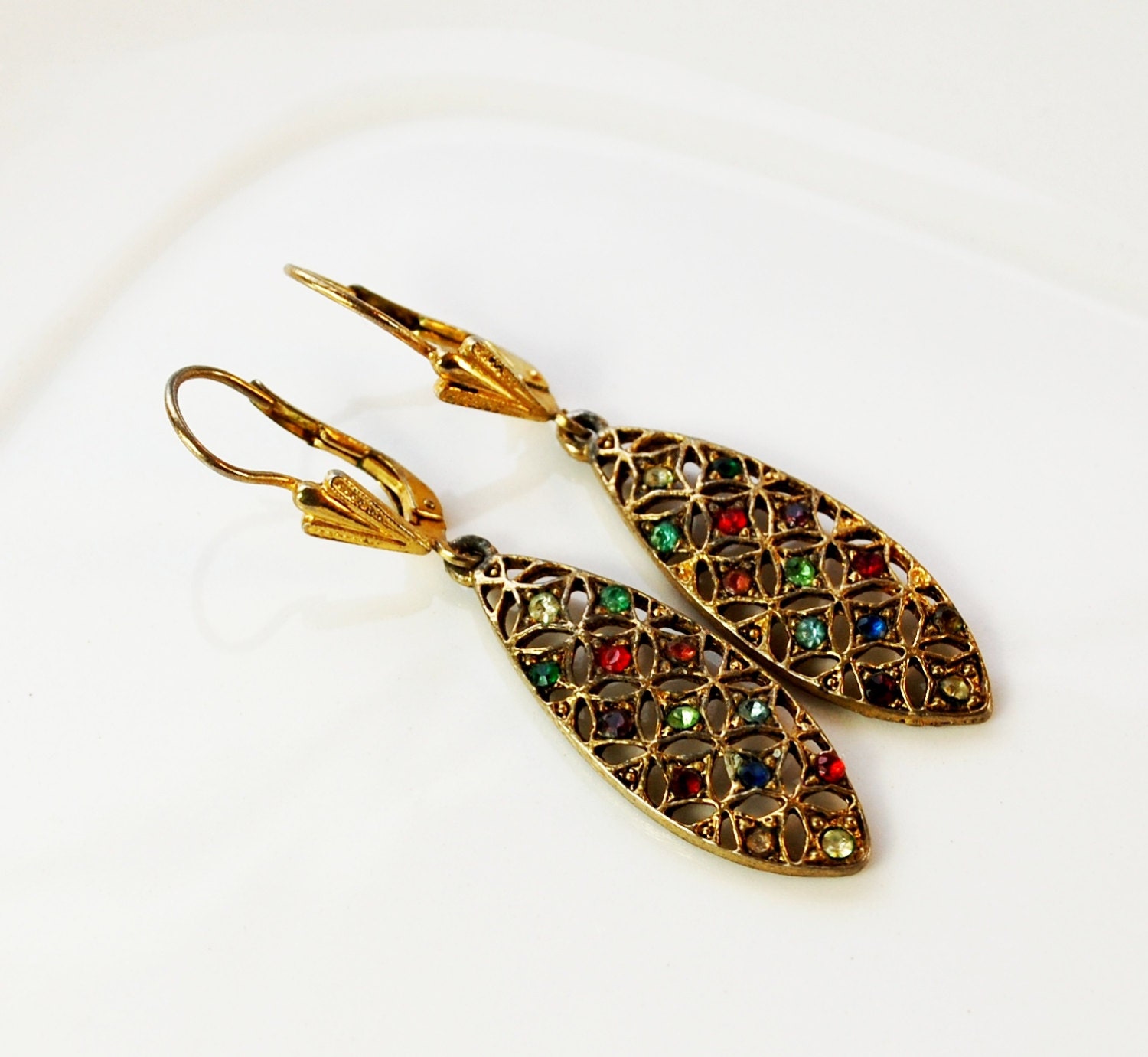 Antique Edwardian Dangle Earrings, Multi Colored Pave Rhinestones, Gold Tone, Pierced, 1910s 1920s Art Deco, Downton Abbey Jewelry