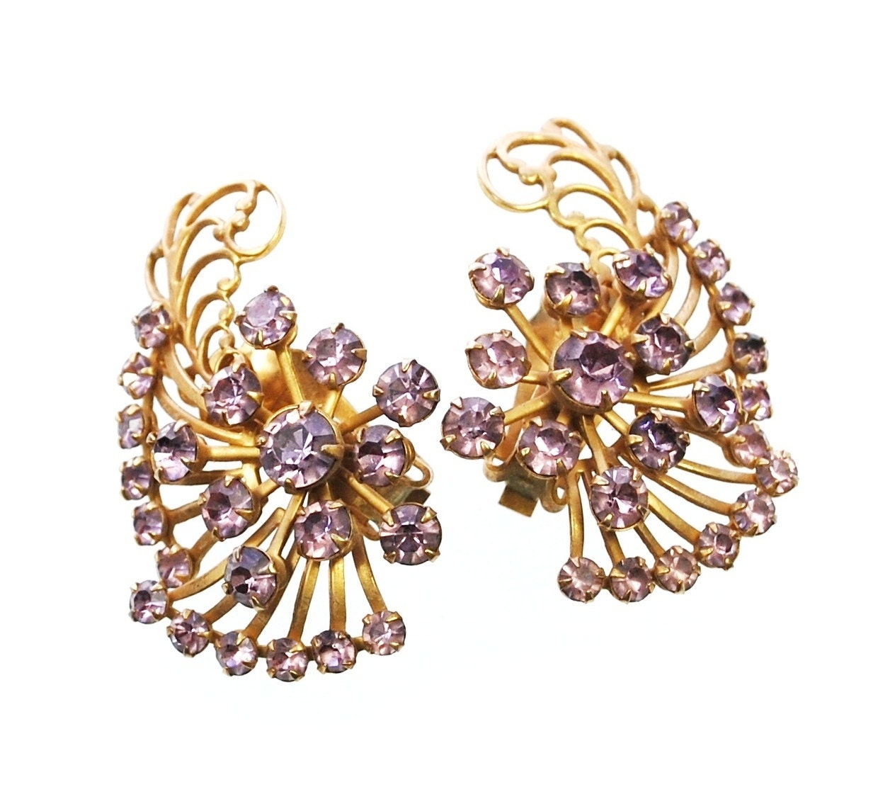 Vintage Rhinestone Earclimber Earrings, Lavender Purple Crystals, Starbursts, Feathers, Gold Tone Filigree, Clip-ons, 1950s Atomic Jewelry
