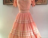 Dainty 1950s Peach Sorbet 2 Piece Squaw Patio Dress--Lace Details and Gold Glimmer