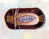 Feather Wood Tray. Hand Painted Wood Plate. Rustic Home. Unique Housewarming Gift. Boho Decor.