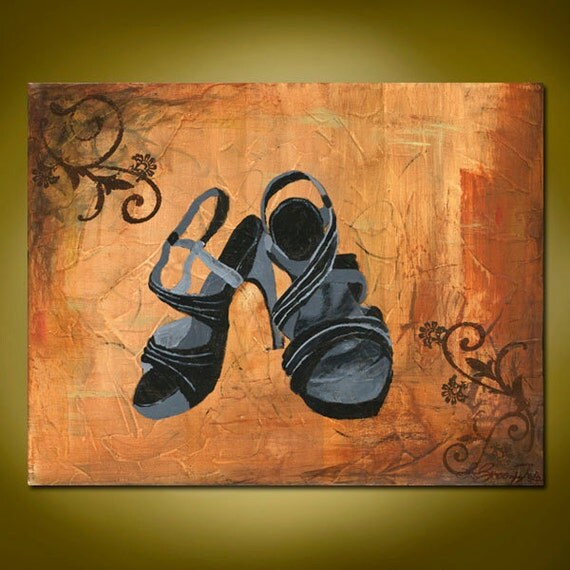 In Her Shoes- Original Acrylic Abstract Painting, Brown and Gold, with Black High Heels (Painting No. N038)