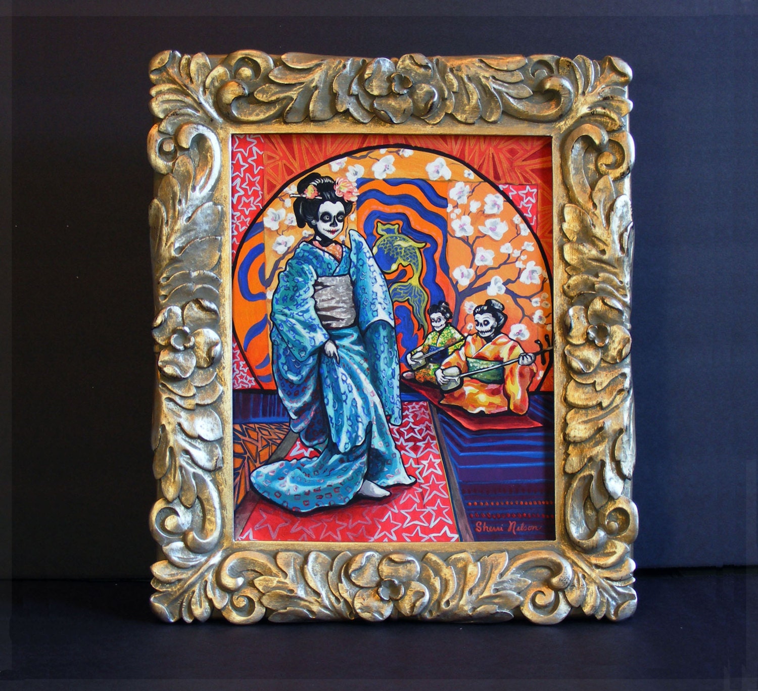 Geisha Catrina - Framed Original Art - Day of the Dead Meets Japanese Kimono - Acrylic Pop Art psychedelic painting