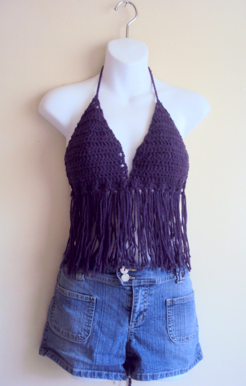 Crochet Fringe Bra/Bikini Top Boho Hippie Style Tank Halter Cotton Acrylic Mix Plum/Purple Swimwear Festival Beach Spring Summer Women