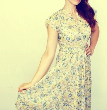 Vintage Late 1930s 1940s Floral Cotton Voile Country Sun Dress Size Small Semi Sheer Pink Yellow Blue Flowers Short Sleeve