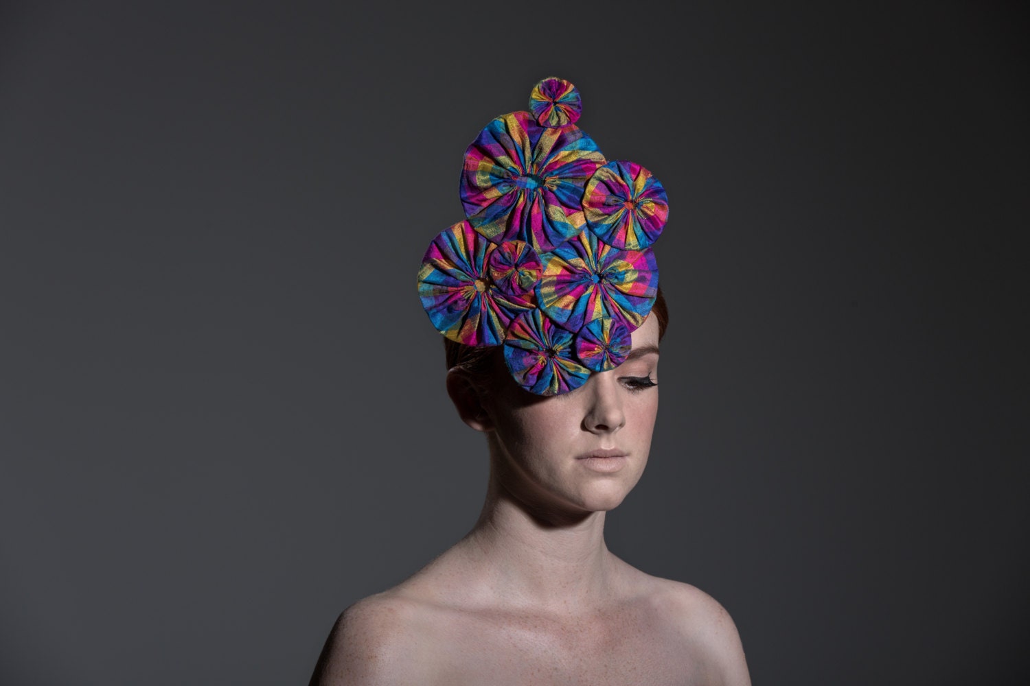 Rainbow Check Silk Fabric Yo-Yo Teardrop Base Fascinator Hat Rockabilly Burlesque Pin Up