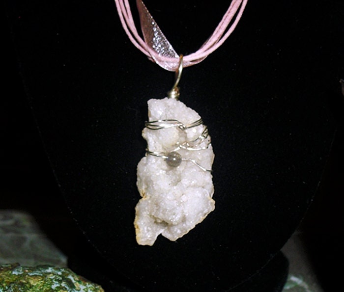 Oco Geode and Labradorite sphere Gemstone Necklace original wire wrapped on organza Fabric with lobster Clasps and Amethyst - reiki infused