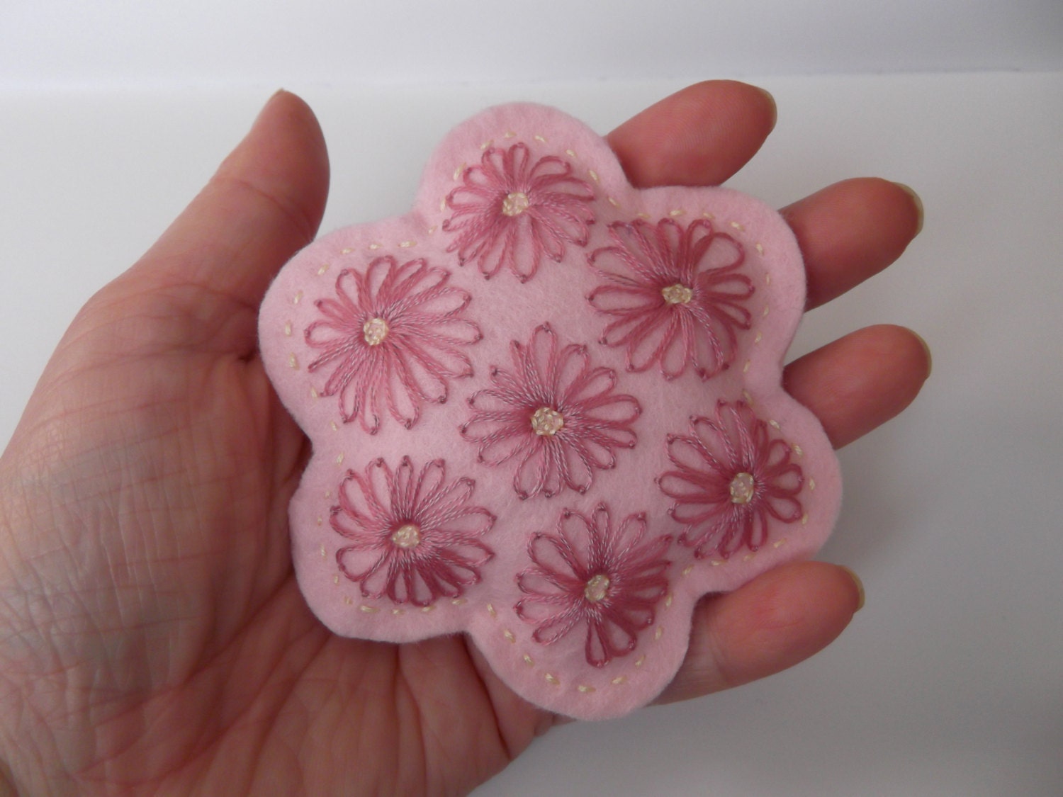 Pink Felt  Flower Brooch with Hand Embroidered Daisy Design