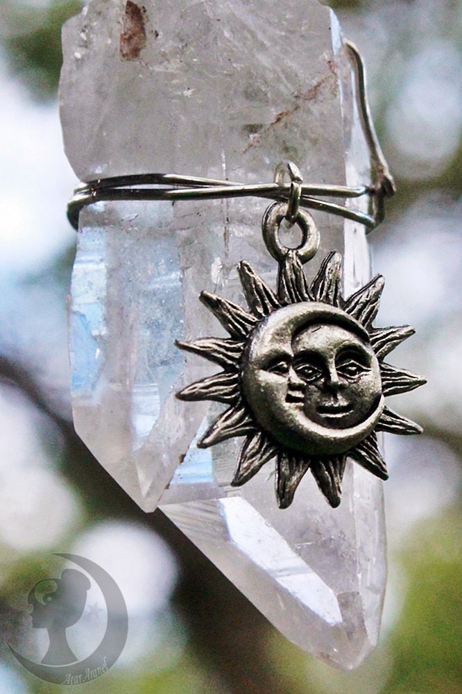 quartz crystal necklace with sun&moon charm