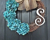Nautical Hydrangea Wreath, Blue Hydrangeas, Striped Burlap Bow, Large White Wooden Monogram