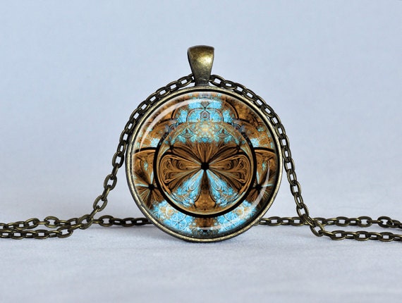 STEAMPUNK FRACTAL Pendant Turquoise and Brown Steampunk Necklace Fractal Necklace with Steampunk feel Sacred Geometry Jewelry Chain Included