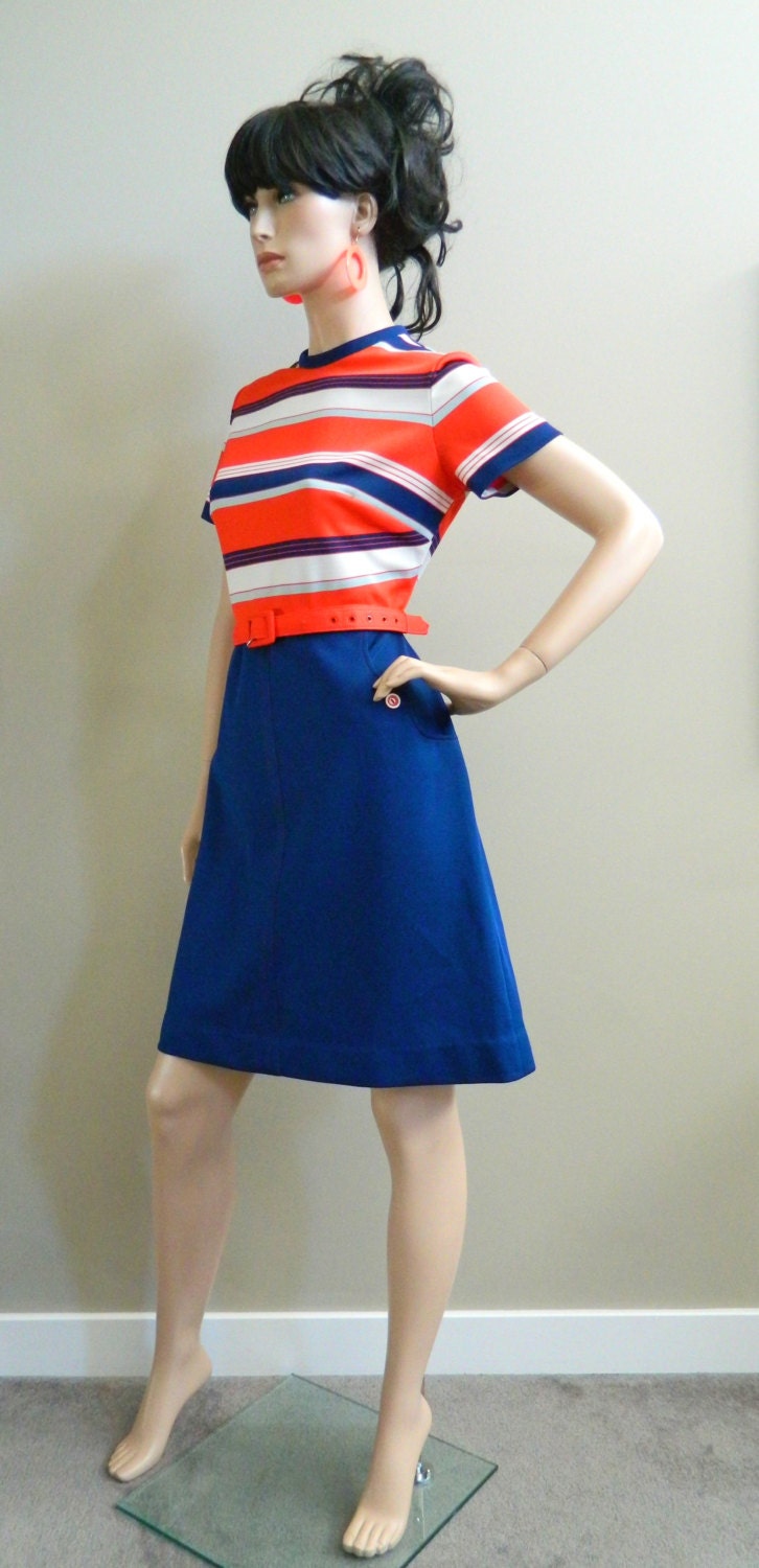 1960's Mod Mini Dress, Belted Nautical, Red,White, Light Blue & Navy Blue Striped Color Block M/L