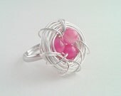 Bird Nest Ring, Pink Striate Agate Beads in Silver Plated Wire Nest, Adjustable Band