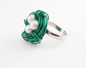 Bird Nest Ring, White Glass Beads in Green Wire Nest, Adjustable Silver Band