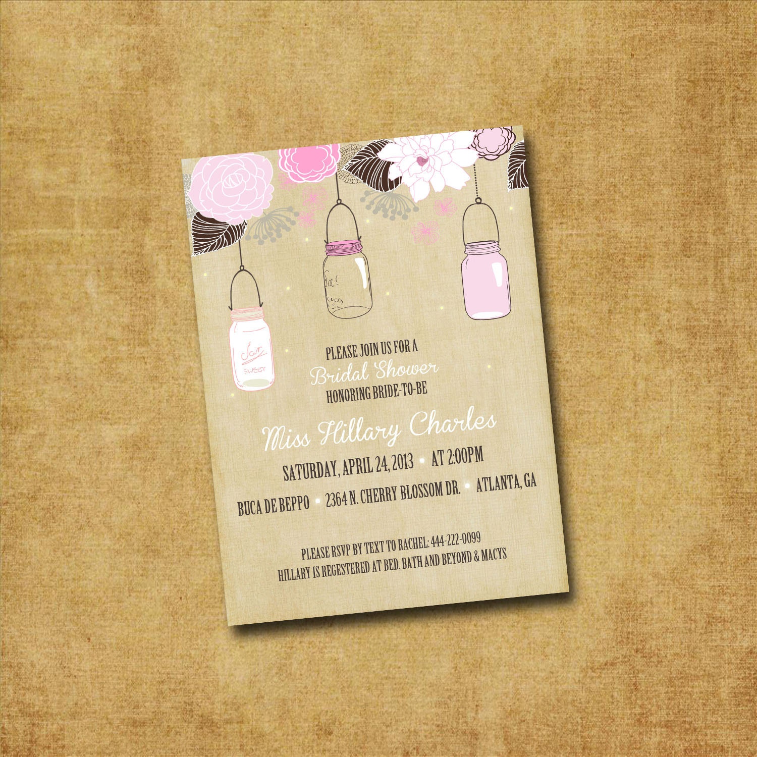 Printable Bridal Shower Invitation - Floral Mason Jar Wedding Invite, Bridal Shower, Wedding Shower, Engagement Party