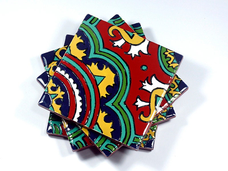 Red, Yellow & Teal Talavera Style Coasters/Talavera Style Tiles -- "Classic Medallion" -- Set of Four