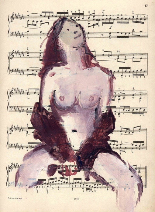 Original painting on vintage music score - Nude with shawl