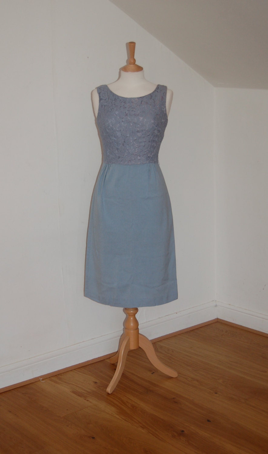 Vintage 1950's corn flower blue lace and cotton wiggle dress