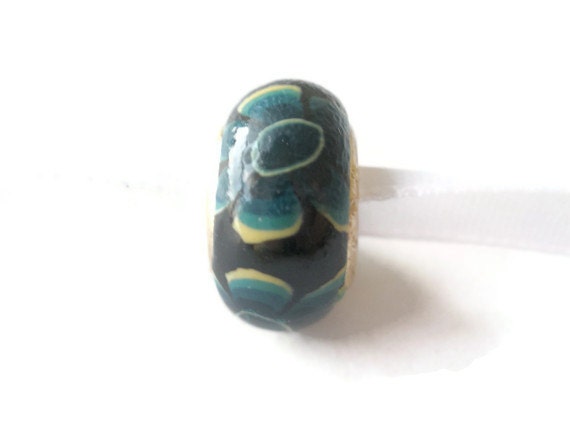 Polymer clay bead charm for european style bracelets in blue, yellow flowers 1 piece