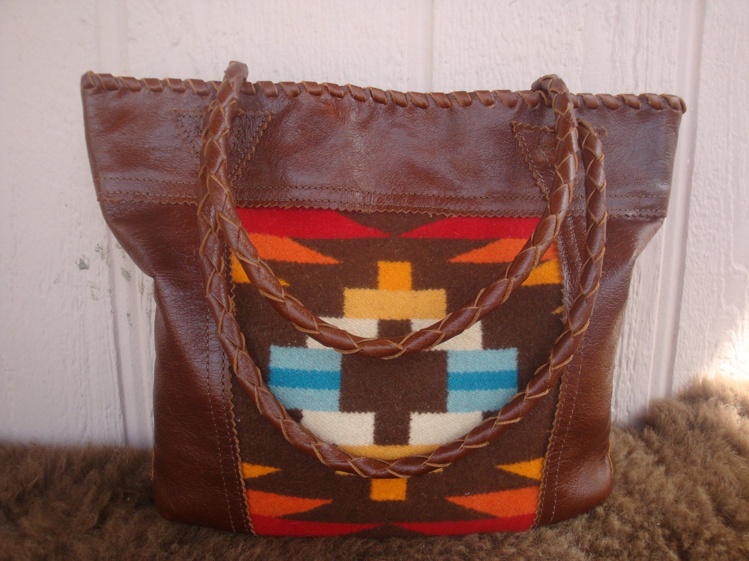 Brown Leather Tote Bag/Purse With Hair On Cowhide And Pendleton Wool Accent