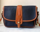 Vintage Mint Dooney & Bourke Large Equestrian Navy and Tan Brown All Weather Leather Handbag, Cross Body Satchel, Shoulder Organizer Purse