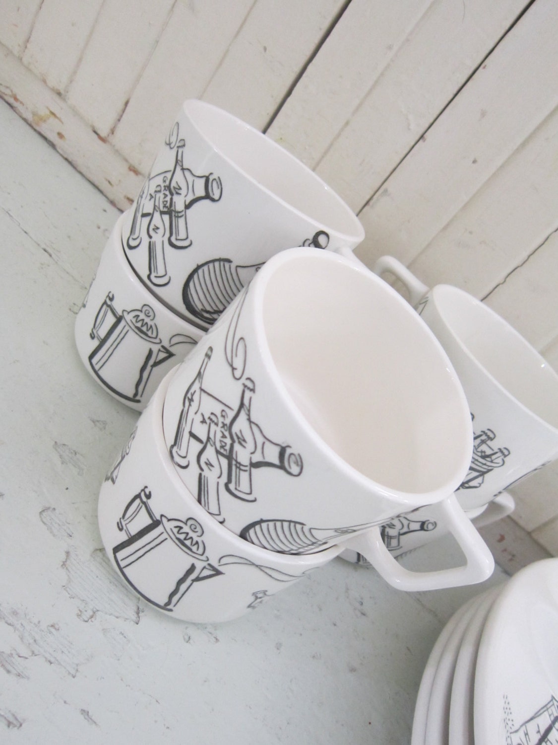 Set Six, Vintage, BBQ Motif, Large Coffee Mugs, Soup/Chili Cups