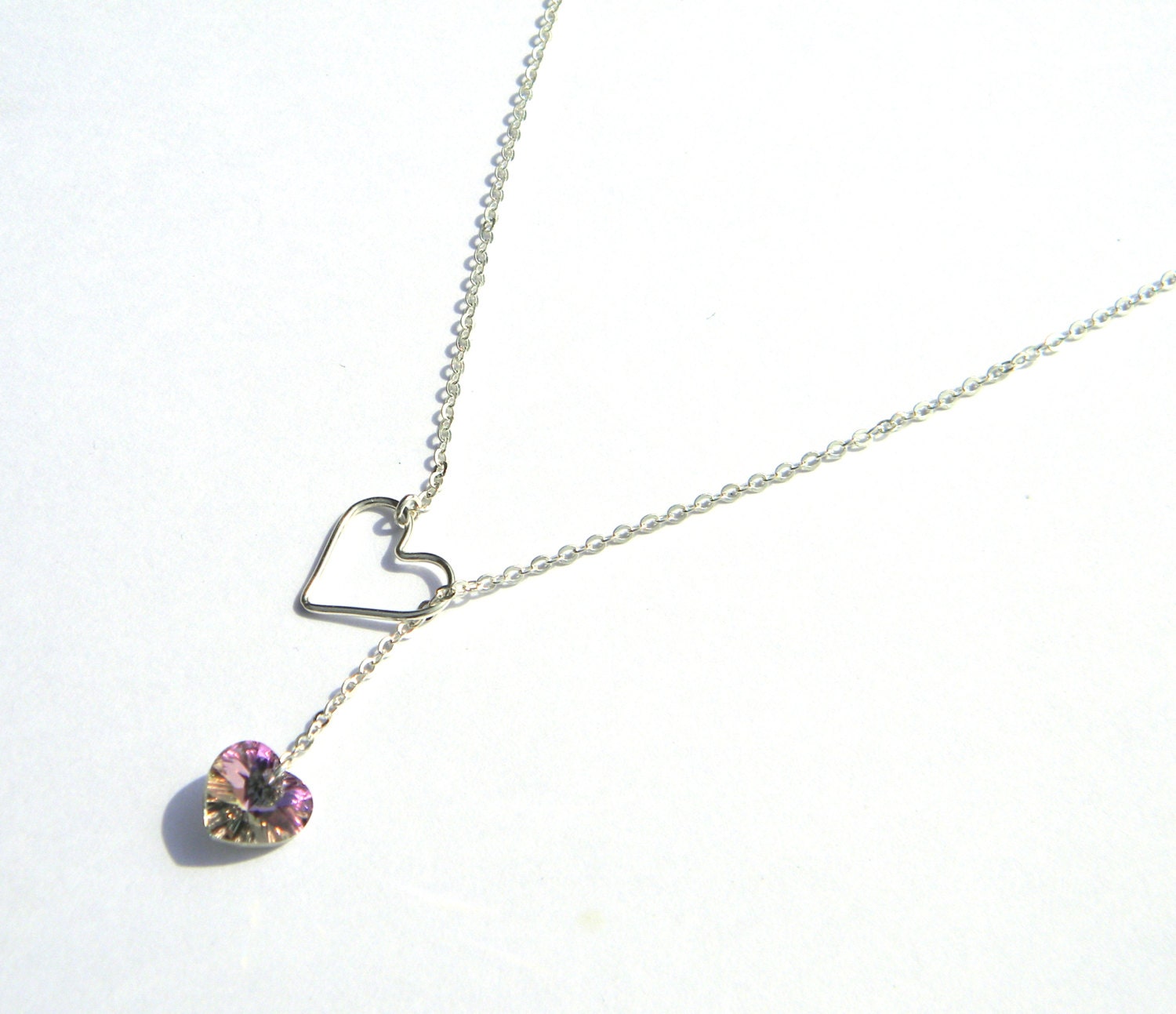 Pink Heart Drop Necklace - Swarovski Crystal - Sterling SIlver - Mothers Day Jewelry - Handmade - Gifts Under 15, 20, 30 - Jewelry Set