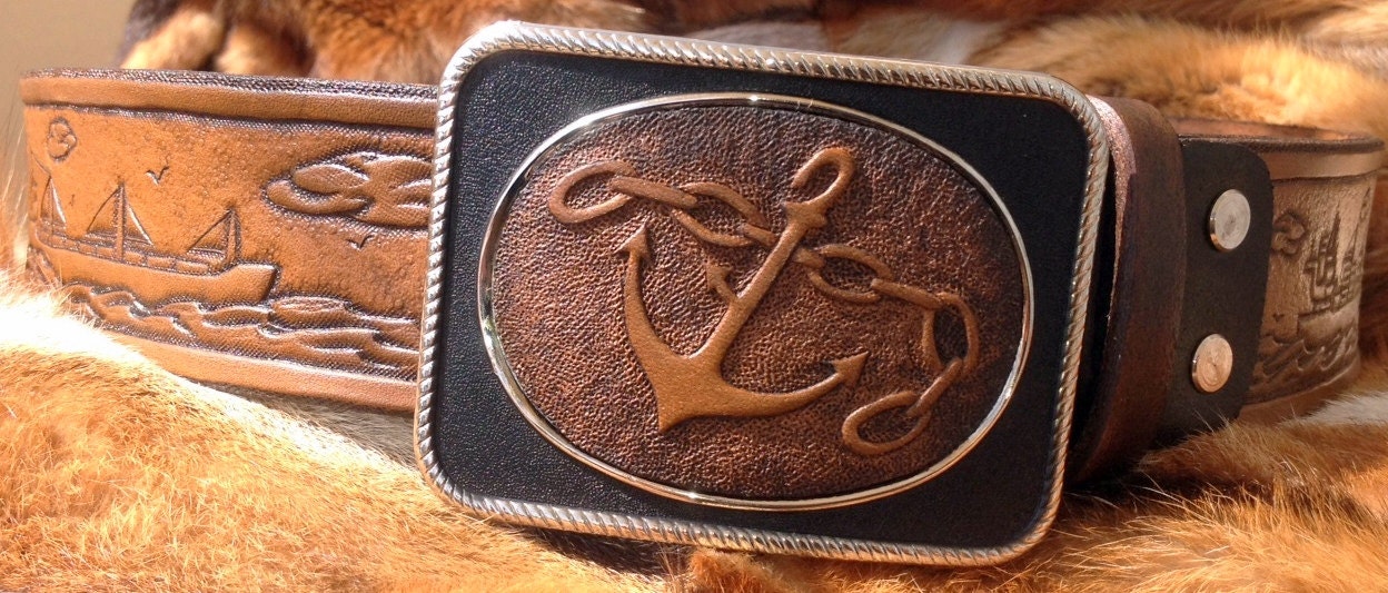 Exclusive leather belt - hand tooled - custom order - anchor buckle - gift forever