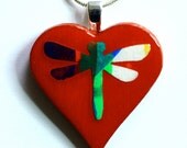 Heart Pendant, Dragonfly Painted Heart Pendant, Art Heart Pendant, Hand Painted Wooden Pendant, Unique & OOAK, Abstract, Colourful
