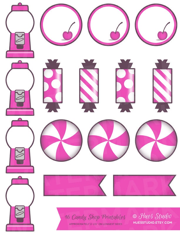 16 Pink Candy Shop PRINTABLES : Tags / Labels / Cupcake Toppers / Decor / Instant Download - Hues Studio Il_570xn