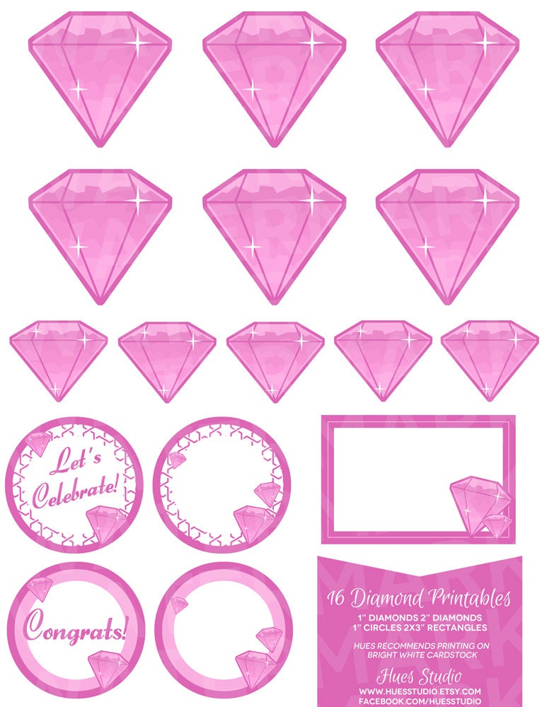 16 Pink DIAMOND BLING Printables : Tags / Labels / Cupcake Toppers / Party Decor / Engagement / Instant Download - Hues Studio Il_570xn