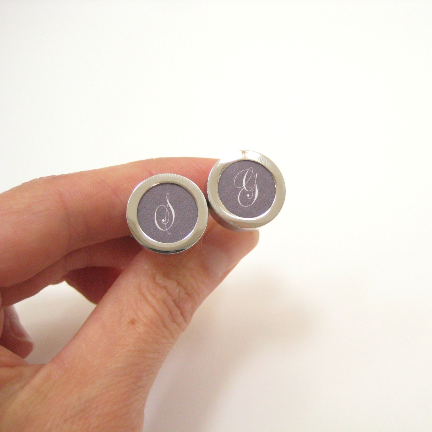 Buy traditional anniversary gifts - Custom monogram cufflinks for men, personalized grey cufflinks, smoke grey white silver traditional cotton anniversary gift (CM)