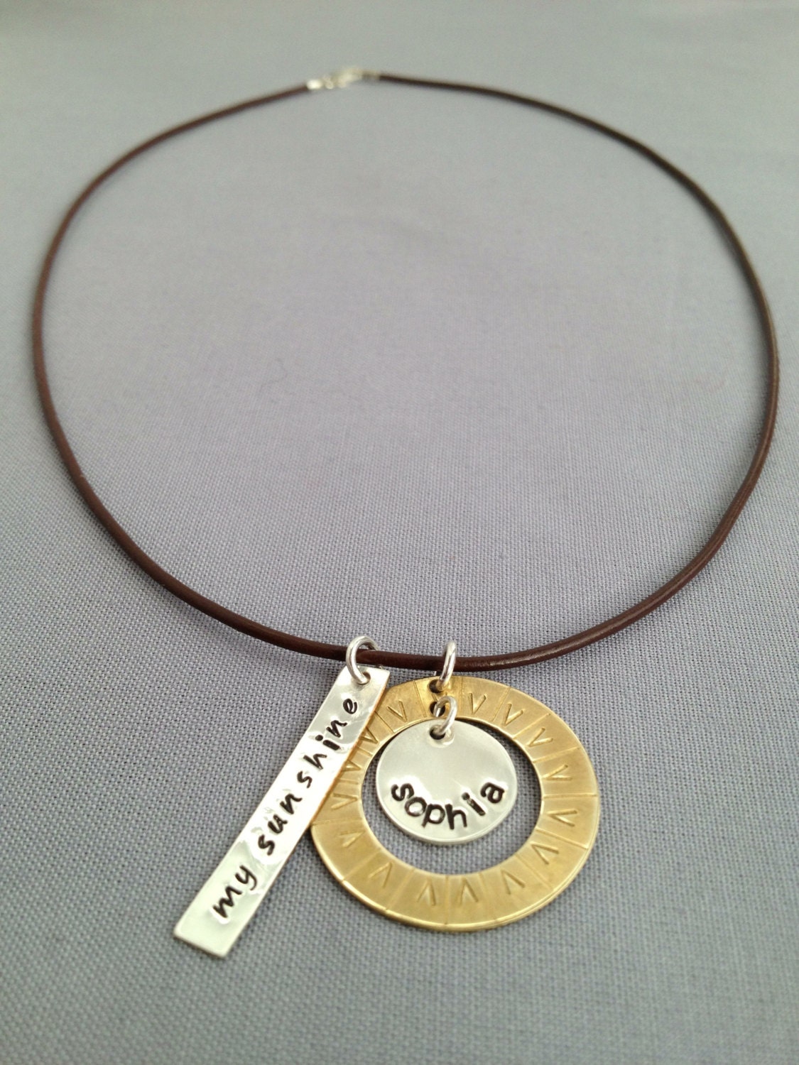 Personalized Custom Mommy Necklace, My Sunshine, Sterling Silver and Polished Brass with Kids Names