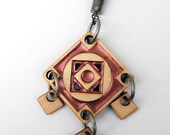 SALE- Tile Geometric Deco Square Statement Necklace - Laser-Cut Wood with Copper Resin, Acrylic, Fabric Rope Cord