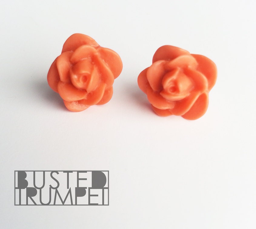 Salmon Orange Flower Stud Earrings - Floral Rose Bud Posts - Surgical Steel Posts