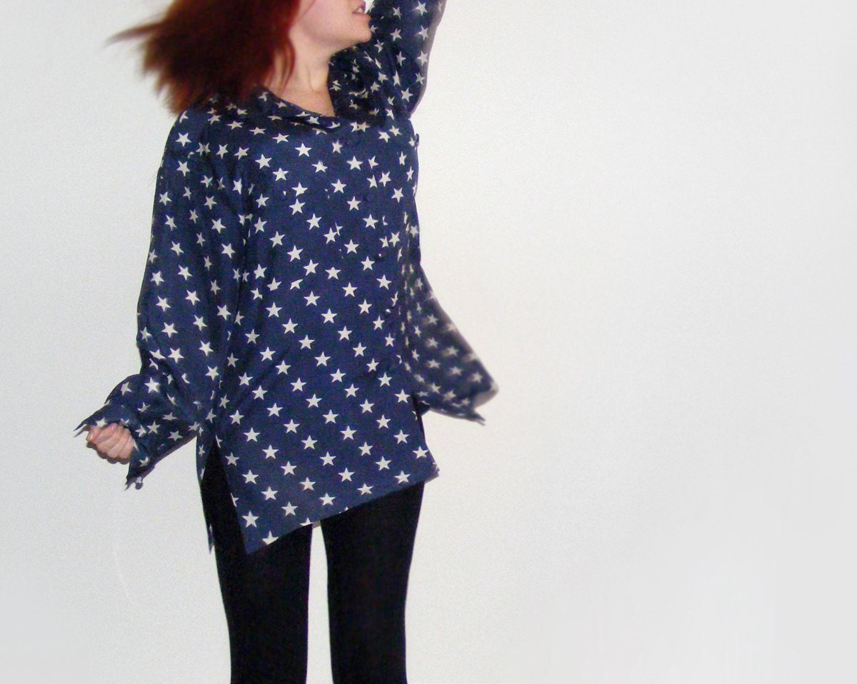 Starry pure silk shirt, womens navy blue long sleeve shirt, 80s