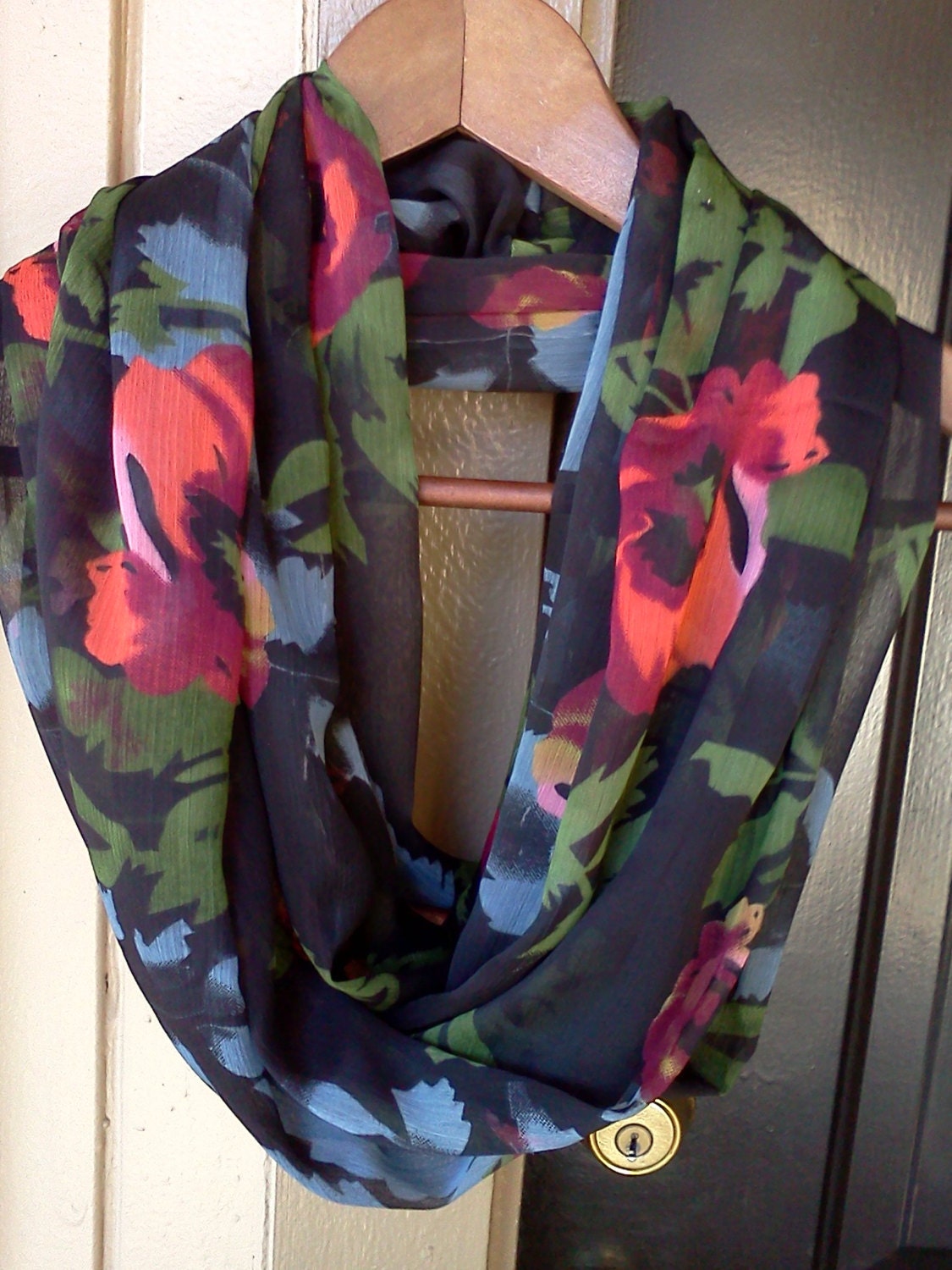 Black  Rose  Chiffon Infinity Scarf  eternity scarf, handmade, Loop scarf, tube scarf,  accessories, circle scarf, Women scarves
