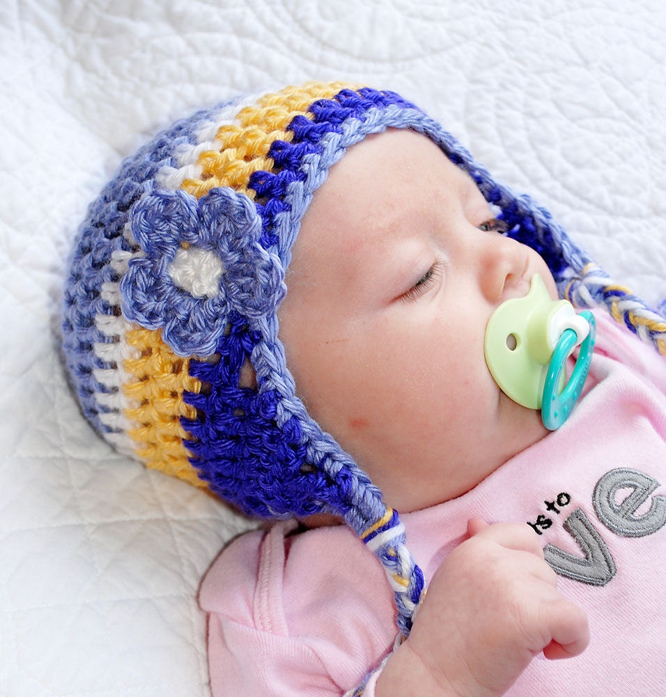 Crochet Baby Girl Hat - Lavender, Purple and Yellow Ear Flap Hat - Girl Crochet Hat - Newborn Infant Photo Prop