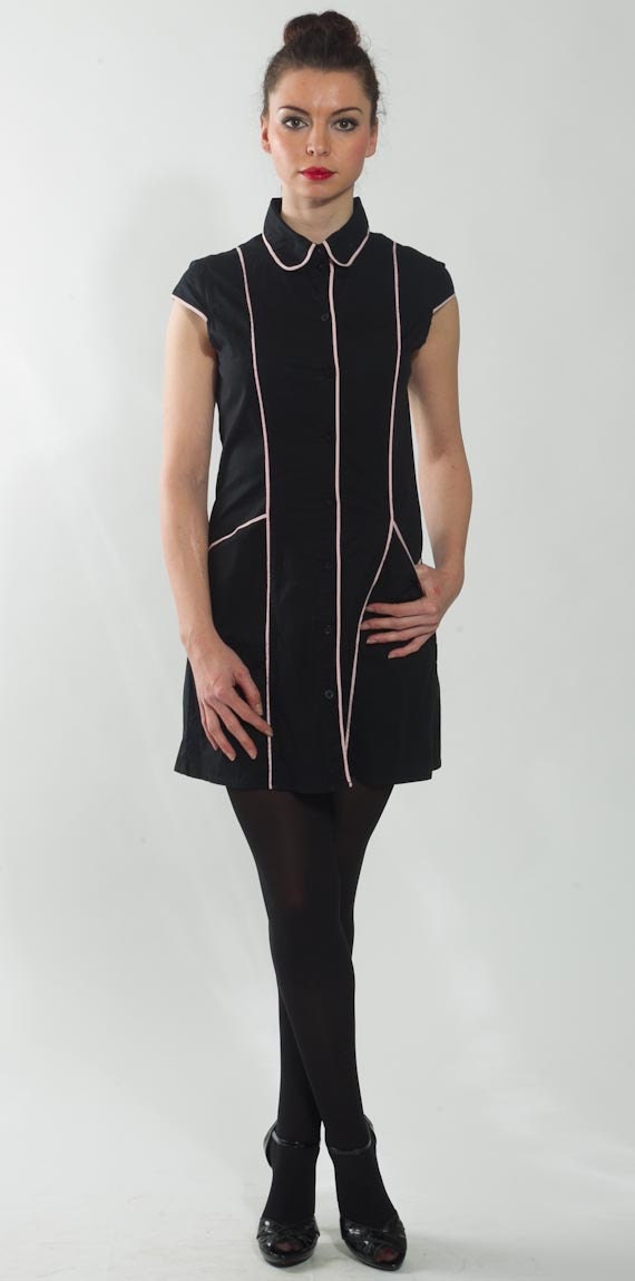1970's Black Dress - Vintage 1980's Wiggle Sheath Mod Summer Twiggy Shirt Dress Babydoll Pin Up Peter Pan Cotton Punk Mini Dress Size M L